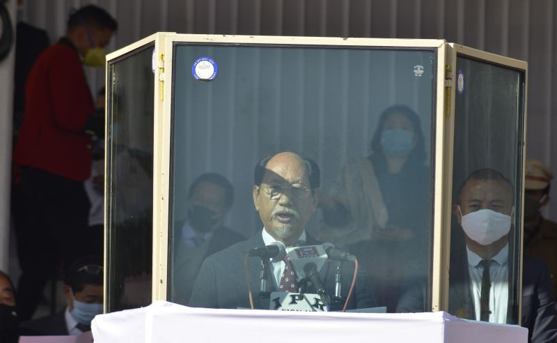 Nagaland’s Chief Minister Neiphiu Rio delivering speech at the 58th Nagaland statehood day held at Nagaland Civil Secretariat Plaza on December 1. (DIPR Photo)